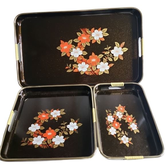 3 Piece Floral Lacquer Ware Serving Tray Set - Picture 2 of 6